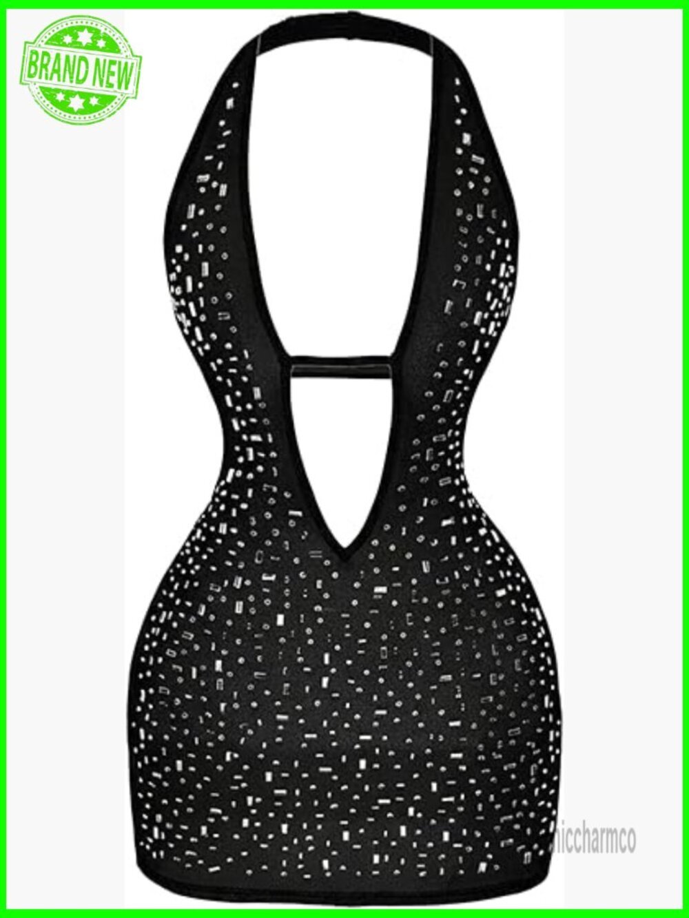 Rhinestone Mesh Cut Out Deep V Neck Bodycon Mini Dress